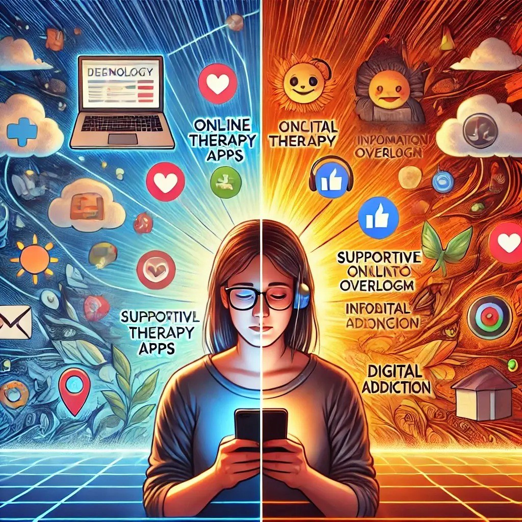 Illustration of a person divided between the positive and negative impacts of digital technology on mental health, showing therapy apps, emotional support tools, and digital addiction.