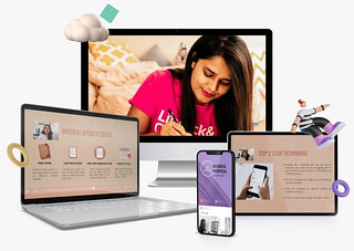 "Woman creating online content on a computer, surrounded by digital course previews on a laptop, tablet, and smartphone, representing online learning and creative side hustles."