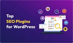 "Graphic showing a laptop screen with SEO metrics and floating icons representing top WordPress SEO plugins."