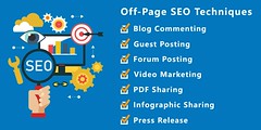 “Infographic titled ‘Off-Page SEO Techniques’ listing blog commenting, guest posting, forum posting, video marketing, PDF sharing, infographic sharing, and press release.”
