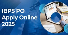 "IBPS PO Apply Online 2025 – Laptop screen showing registration page and books on desk with city skyscraper background"